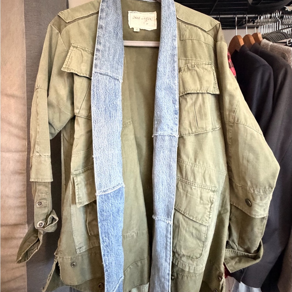 Men's Khaki Field Jacket with Denim Trim